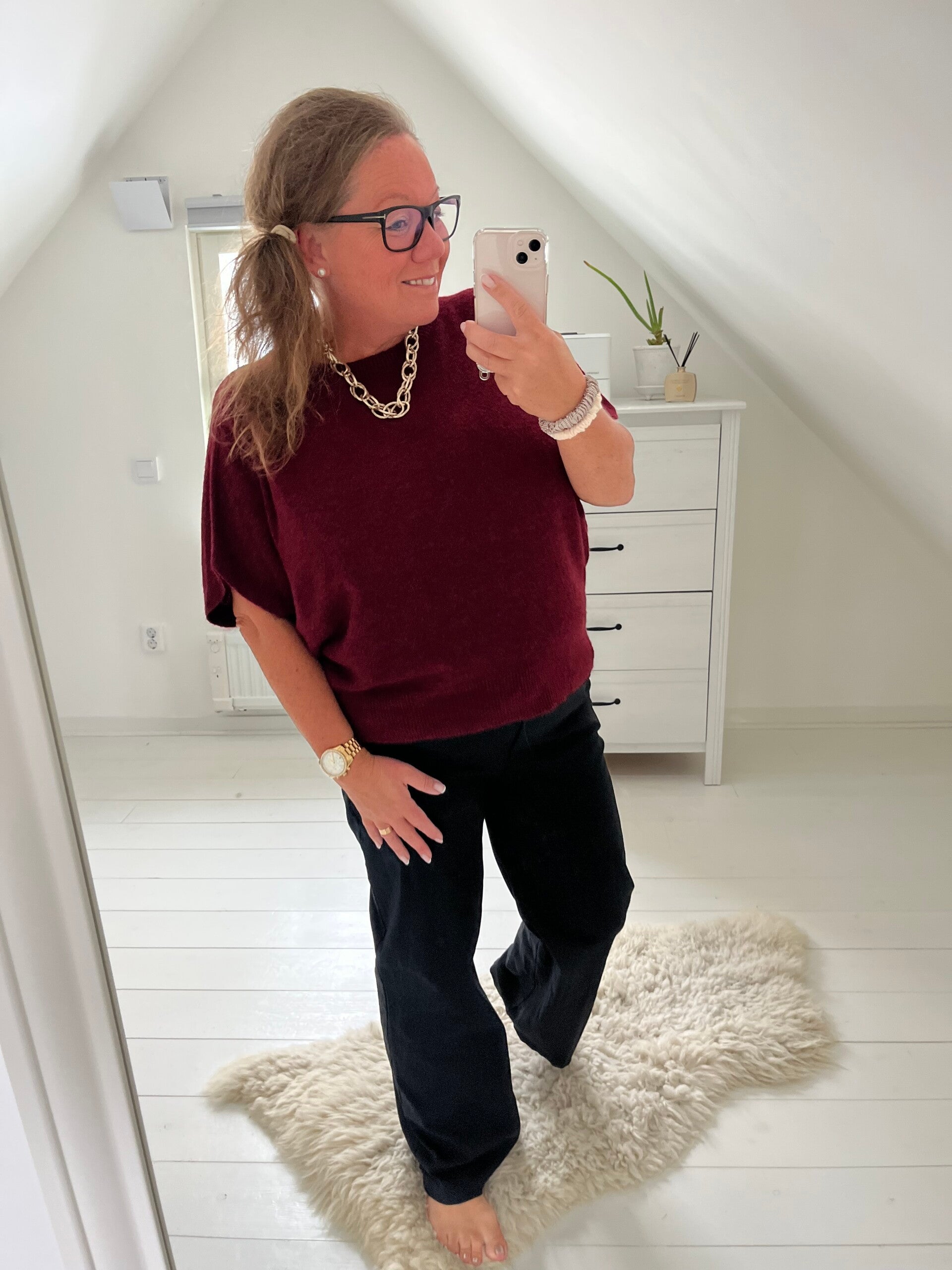 Stickad tröja kort ärm - vinröd