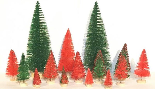 14 piece 8" Tall Glittery Green & Red Holiday Mix Mini Miniature Sisal Bottle Brush Trees