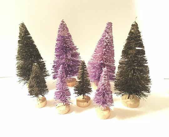 Set of 8 Mini Black & Purple Halloween Spooky Village Decor Mix Miniature Sisal Bottle Brush Trees