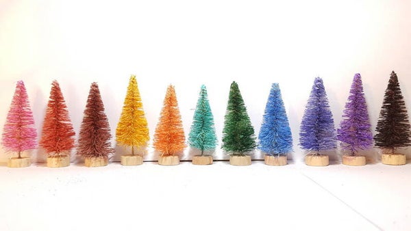 3.5" Tall Set of 11 Gem Assorted Colors Mini Sisal Bottle Brush Trees Lot