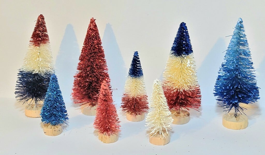 8pc July 4th Red White & Blue Patriotic Holiday Sisal Bottle Brush Trees