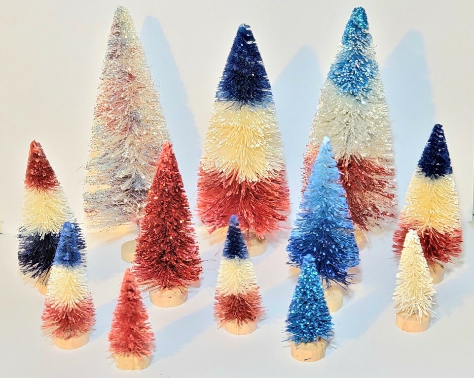 12pc Ultimate July 4th Red White & Blue Sisal Bottle Brush Trees Custom Firecracker Mix