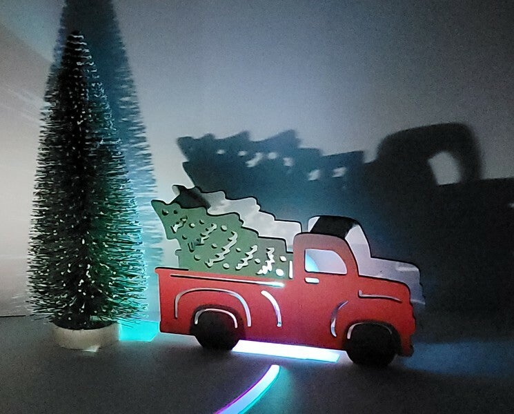 Vintage Red Truck with 8" LED Light Up COlor Changing Sisal Bottle Brush Tree Set