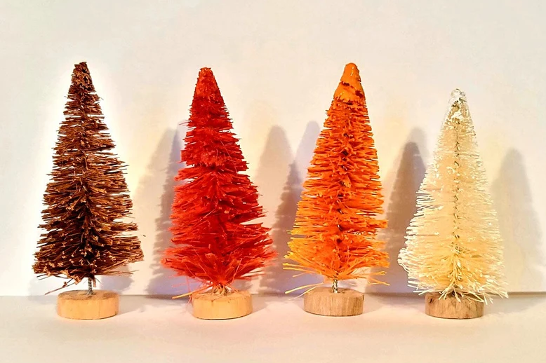 4pc Fall Autumn Harvest Bottle Brush Tree Set Brown Orange Rust Ivory White