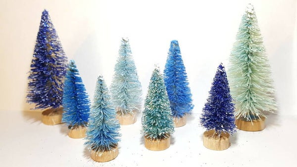 Set of 8 Mini Miniature Assorted Blue Sisal Bottle Brush Trees