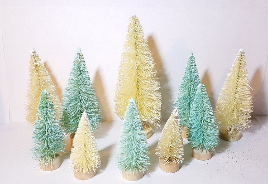 Set of 10 Mini Ivory White & Aqua Blue Teal Miniature Sisal Bottle Brush Trees