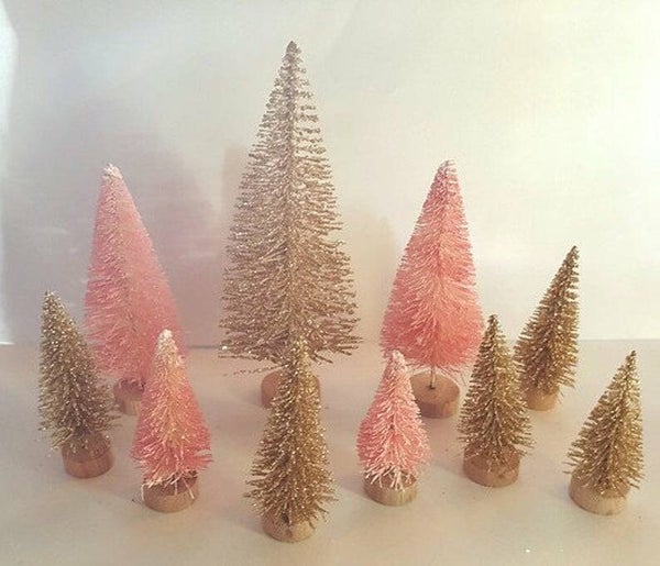 Set of 10 Mini Miniature Pink & Glittery Gold Sisal Bottle Brush Trees