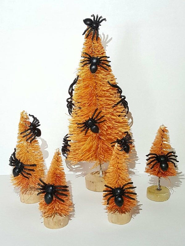 Lot of 5 Orange & Black SPOOKY SPIDER Miniature Mini Sisal Bottle Brush Trees