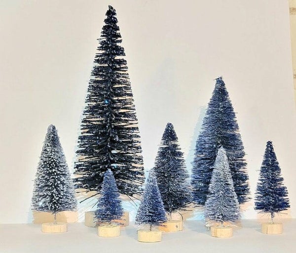 8pc Magical STARRY NIGHT Midnight Blue Silver Flocked Mini Sisal Bottle Brush Christmas Xmas Trees