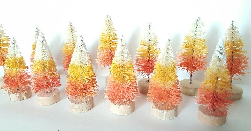 Lot of 12 Candy Corn Orange Yellow White Miniature Mini Ombre Sisal Bottle Brush Trees Set
