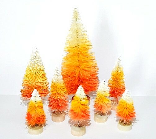 Lot of 8 Candy Corn Miniature Mini Orange Yellow White Ombre Sisal Bottle Brush Trees Set