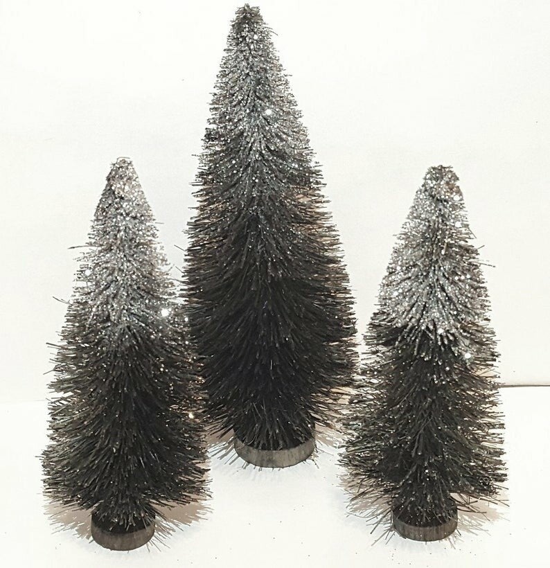 3pc set 5" and 6" Black & Sparkling Silver Miniature Mini Sisal Bottle Brush Trees