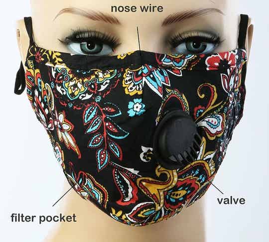 Black & Multi Color Floral Paisley Winter Holiday Face Mask with Respirator Vent Nose Wire Filter Pocket Face Covering
