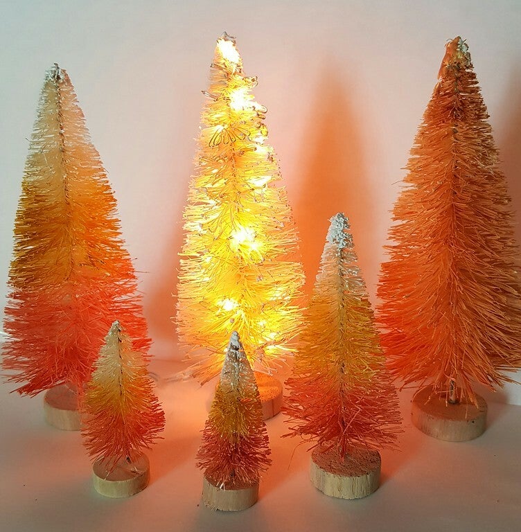 6pc Set Light up LED 5" Tall Candy Corn Halloween Miniature Mini Ombre Sisal Bottle Brush Trees