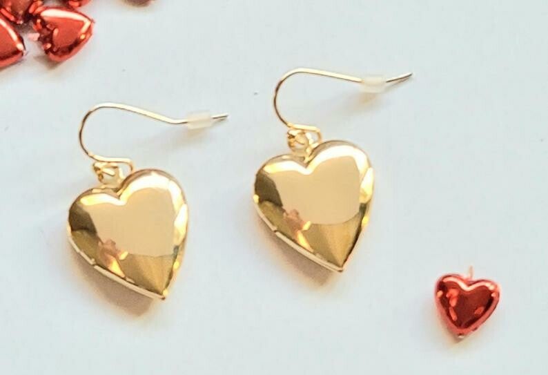 Gold Heart Locket Dangle Earrings