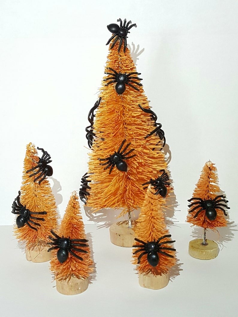Lot of 5 Orange & Black SPOOKY SPIDER Miniature Mini Sisal Bottle Brush Trees
