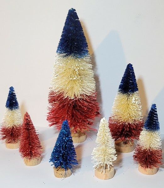 7pc 5" Tall July 4th Red White & Blue Patriotic Holiday Sisal Bottle Brush Trees