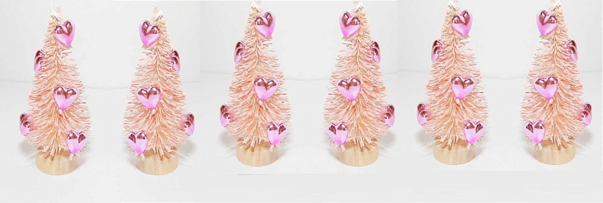 6Pc Valentine's Day Gift Set Pink Red White With Red & Pink Metallic Hearts Miniature Sisal Bottle Brush Trees