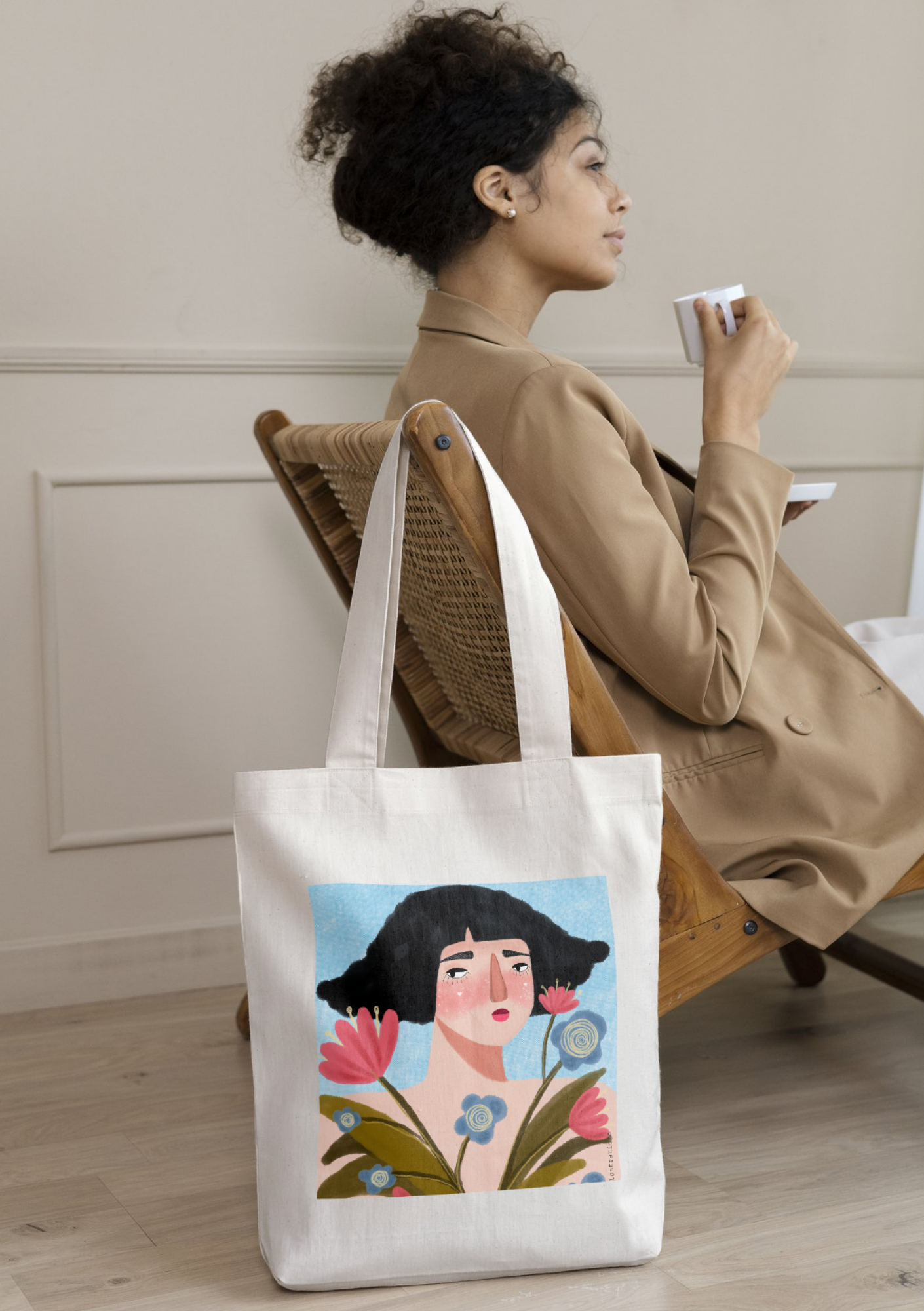 Canvas Tote Bag – meisje en bloemen