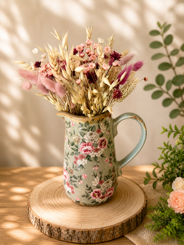Vintage kan met droogbloemboeket