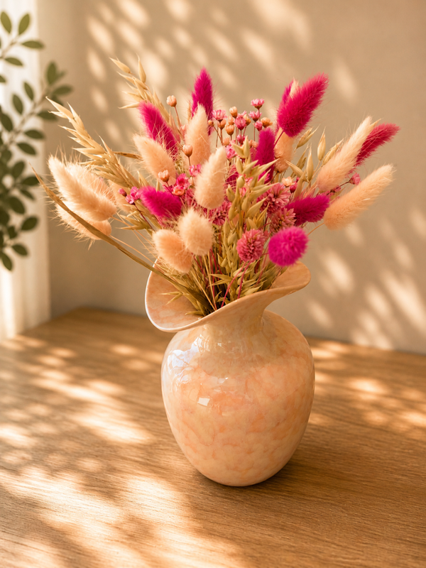 Speciale vaas met roze droogbloemboeket