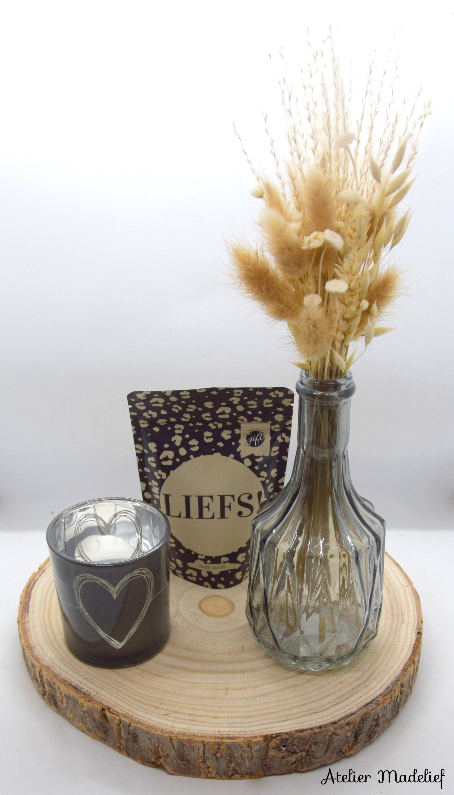 Geschenkset: vaasje, theelichtje, bodyscub