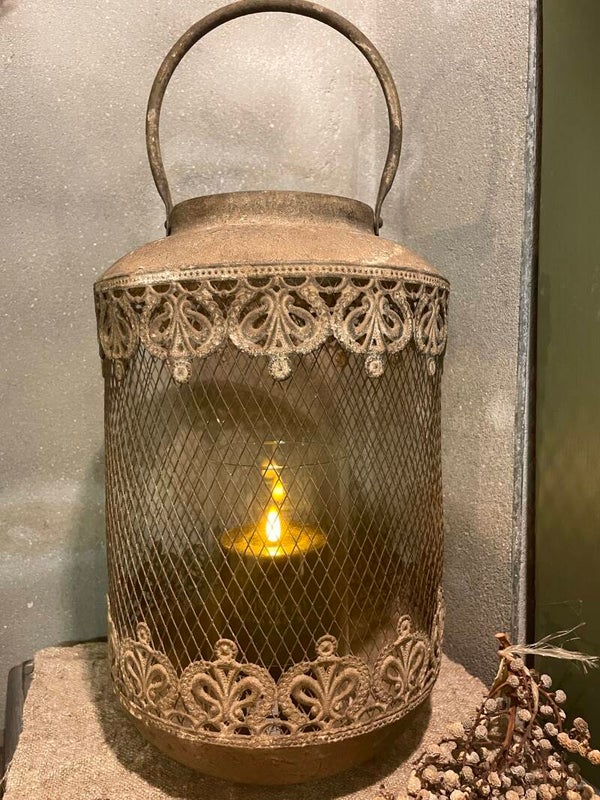 Prachtig windlicht rusty brown met glas, L