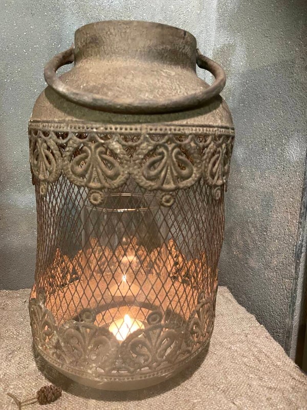 Prachtig windlicht rusty brown met glas, maat M
