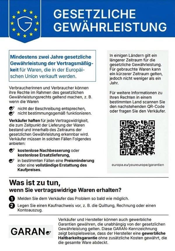 Hinweis auf gesetzliche Gewährleistung