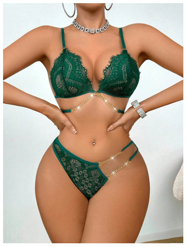 Ensemble Lingerie Dentelle Vert Émeraude & Chaînes Dorées