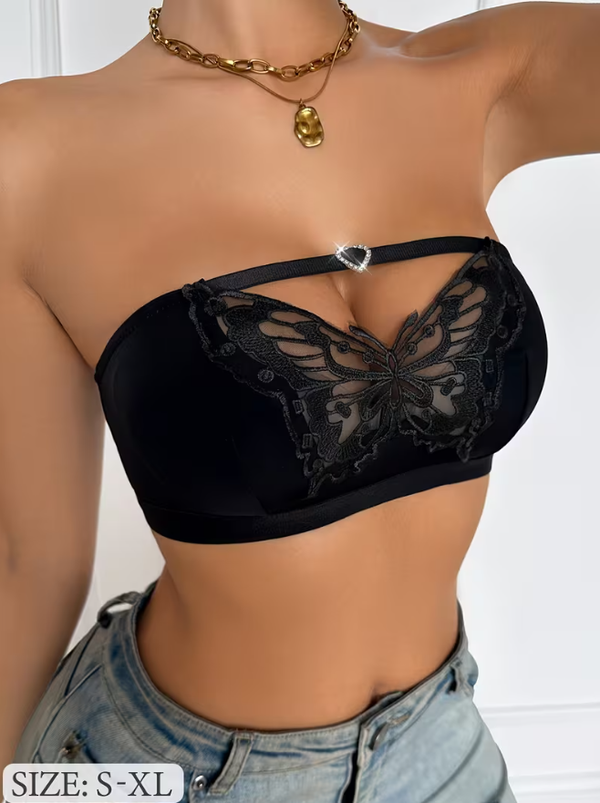 Bustier bandeau noir papillon en dentelle – Bijou cœur argenté