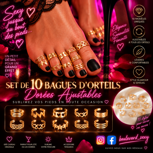 Set de 10 bagues d’orteils dorées ajustables – Bijoux de pieds glamour & sexy
