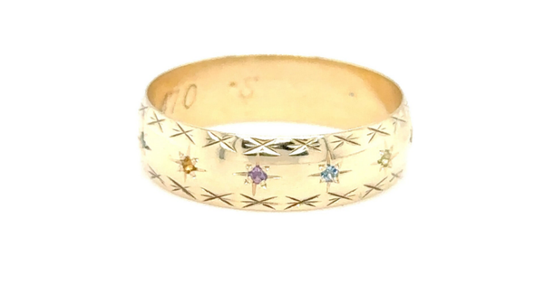 Vintage 9 kt gouden band ring met edelstenen