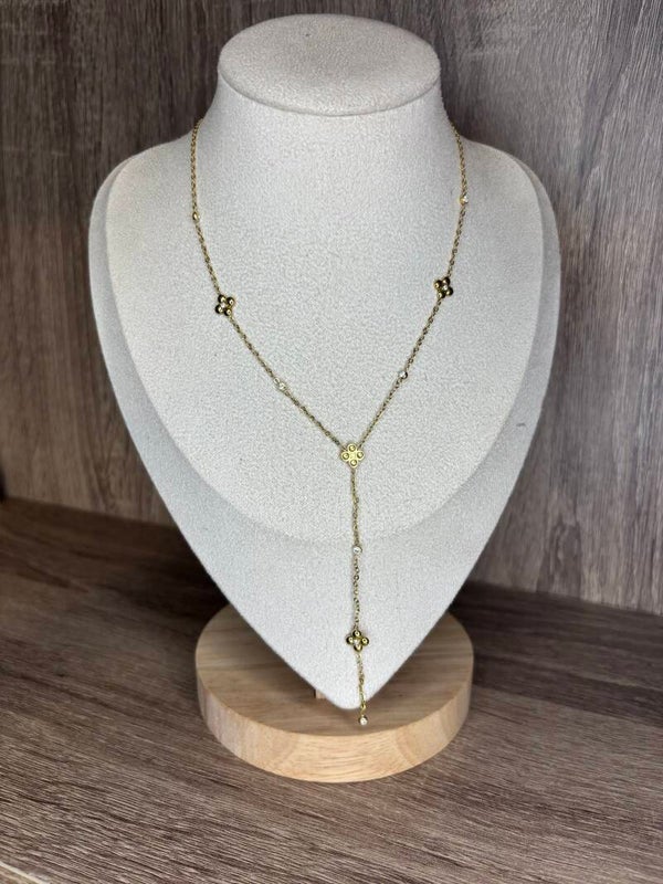 Collier doré fin en Y orné de petites fleurs et strass