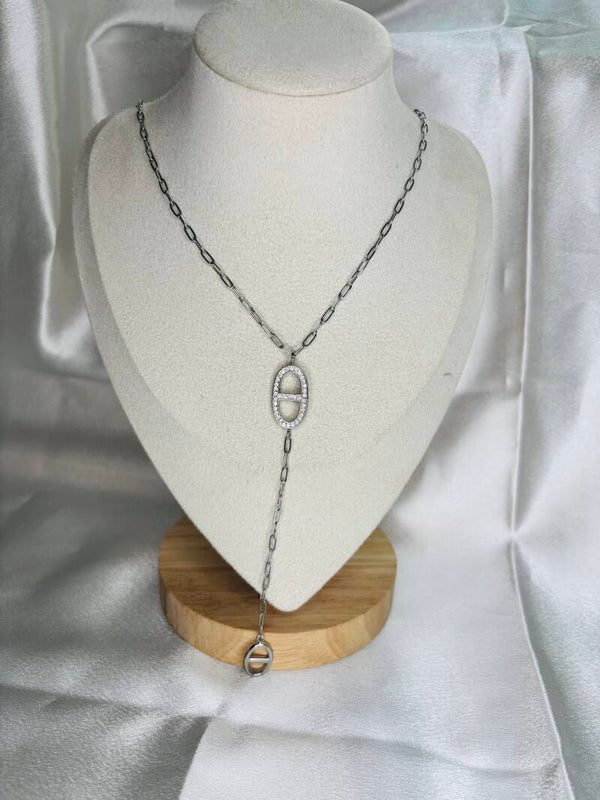 Collier Y à pendentif ovale mobile strassé