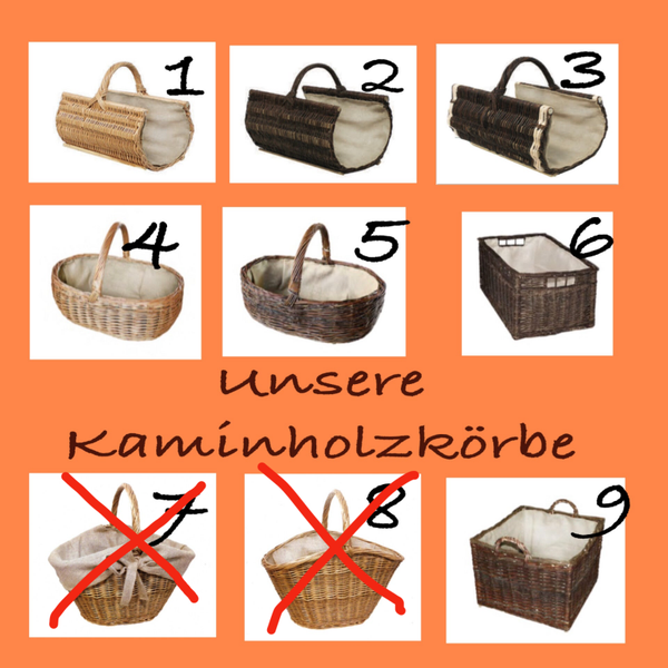 Diverse Kaminholzkörbe aus Weidengeflecht mit Jute und Plastik ausgelegt