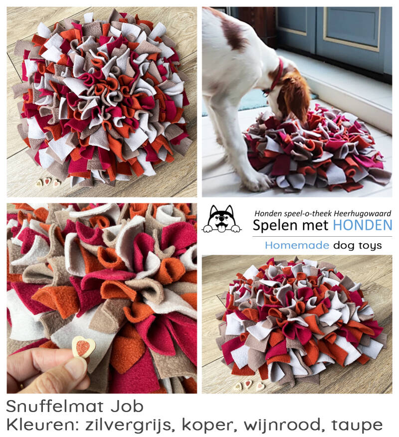Snuffelmat Job, kleuren zilvergrijs, koper, wijnrood en taupe. Een leuke uitdaging voor honden om hun voertjes in de mat te vinden.