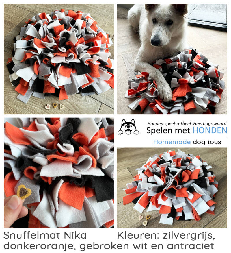 Snuffelmat Nika, kleuren donkeroranje, zilvergrijs, gebroken wit en antraciet