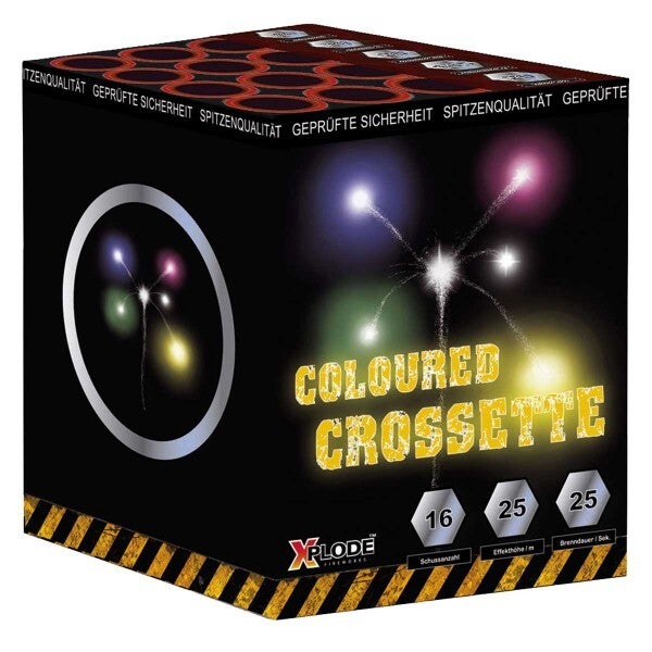 Coloured Crossette - Xplode - 16 Schuss - Laufzeit 25 s - 152 g NEM - Durchmesser 18 mm