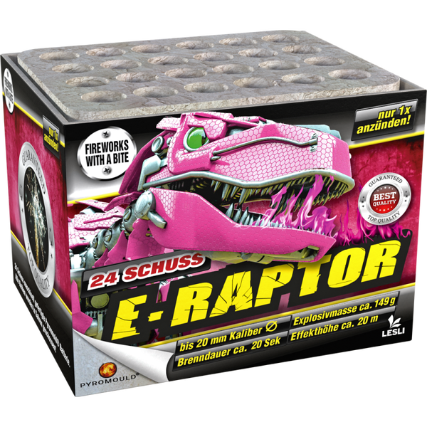 E - Raptor - Lesli Fireworks with a bite - 24 Schuss - Laufzeit 20 s - Satzgewicht 149 g NEM- Durchmesser 20 mm
