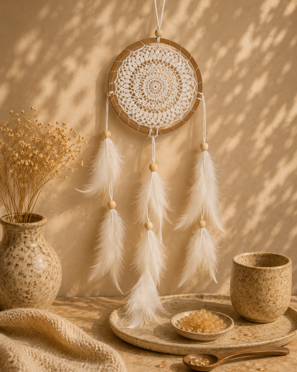 Dromenvanger gehaakt beige met veren