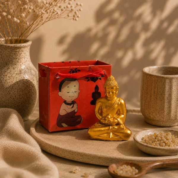 Mini Boeddha 'Meditatie' – Goud in Geschenktasje