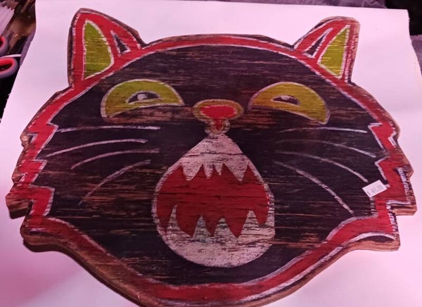 Vintage Black cat with round smile  shape wood cut out