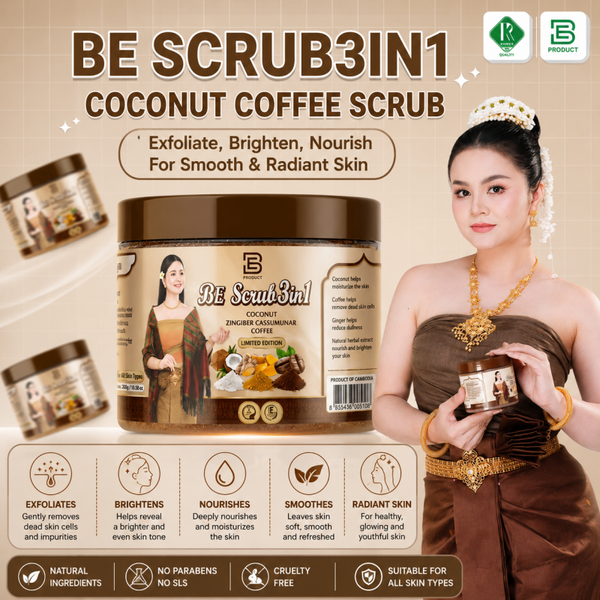 BE SCRUB3IN1 COCONUT COFFEE SCRUB ស្ក្រាប់ពន្លៃ កាហ្វេ ដូង 500g