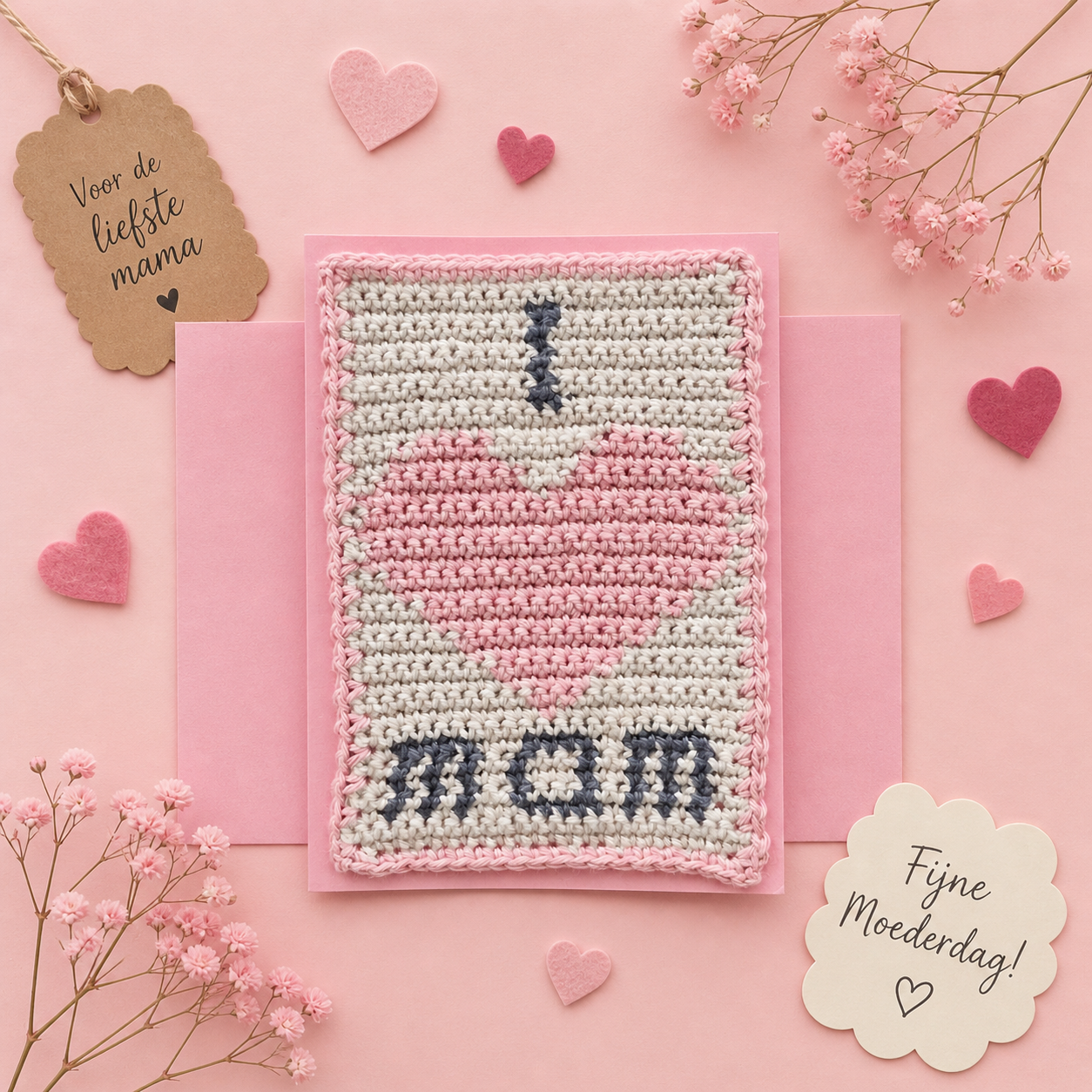 Haakpatroon Wenskaart  “I ❤️ mam”