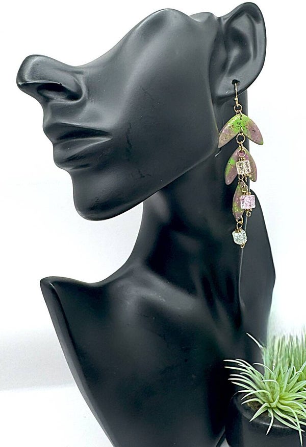 Mauve, Green 3 Layer Earrings
