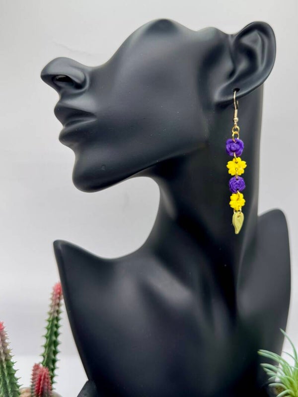 Yellow & Purple Three Flower Earrings