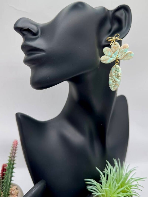 Green Double Flower Bow Earrings