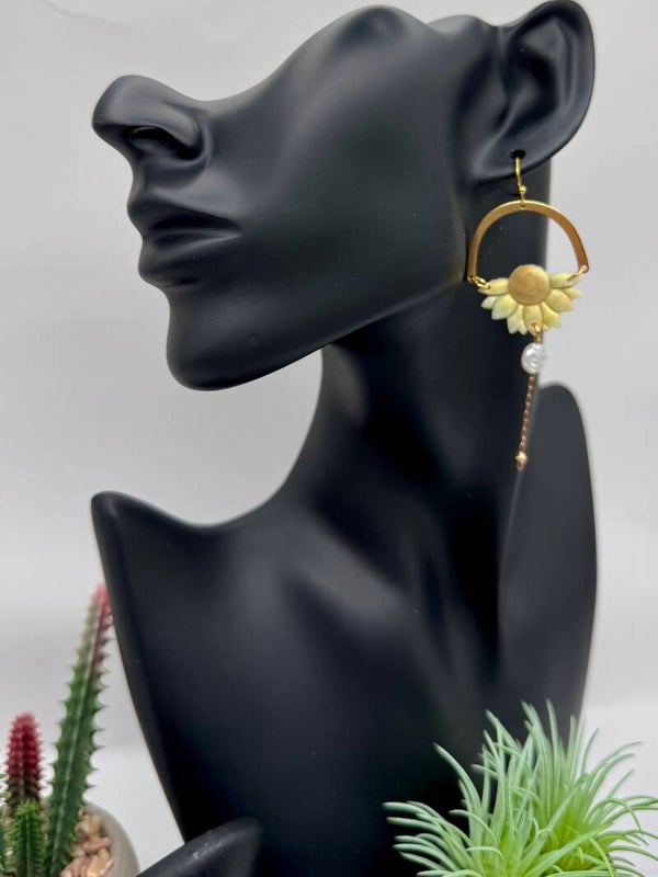 Green Daisy Half Moon Earrings