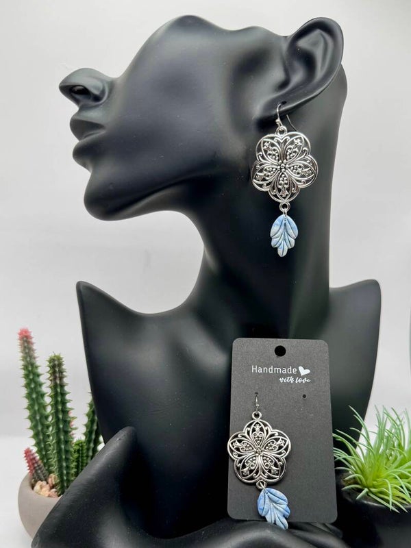 Metal Floral Blue Leaf Earrings